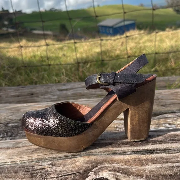 Rachel Comey Chic sequin ankle strap Clog Black Wood Heel Platform Shoe 8