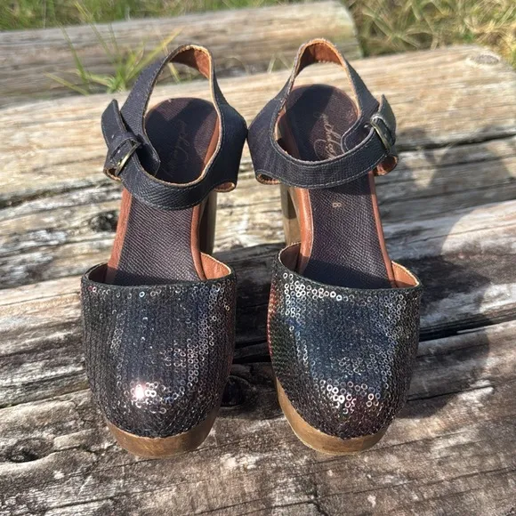 Rachel Comey Chic sequin ankle strap Clog Black Wood Heel Platform Shoe 8