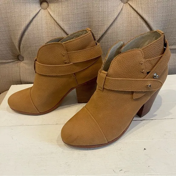 Rag &amp; BONE Ankle Booties Boots Size 6.5 Beige HARROW Leather Belted.