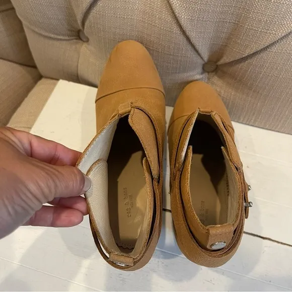 Rag &amp; BONE Ankle Booties Boots Size 6.5 Beige HARROW Leather Belted.