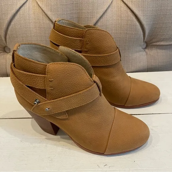 Rag &amp; BONE Ankle Booties Boots Size 6.5 Beige HARROW Leather Belted.