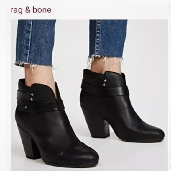 Rag &amp; Bone Black leather Harrow Ankle Boots Booties Sz 38 US 8 Stacked Heel