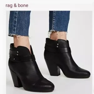 Rag &amp; Bone Black leather Harrow Ankle Boots Booties Sz 38 US 8 Stacked Heel