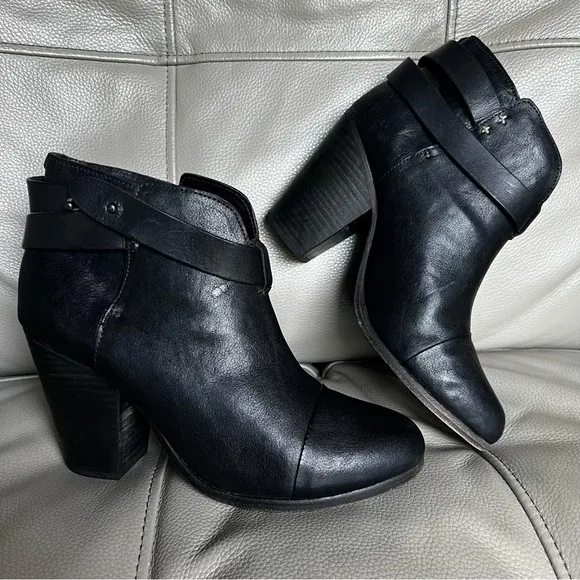 Rag &amp; Bone Black leather Harrow Ankle Boots Booties Sz 38 US 8 Stacked Heel