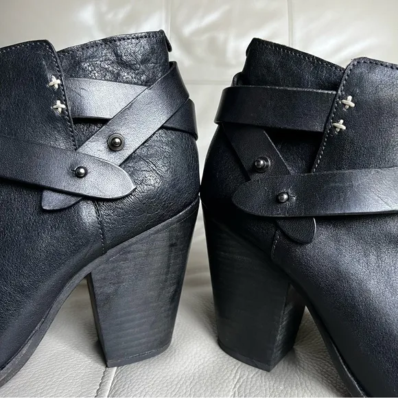 Rag &amp; Bone Black leather Harrow Ankle Boots Booties Sz 38 US 8 Stacked Heel