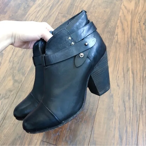 Rag &amp; Bone • Harrow black leather ankle boots heeled bootie moto celeb strappy