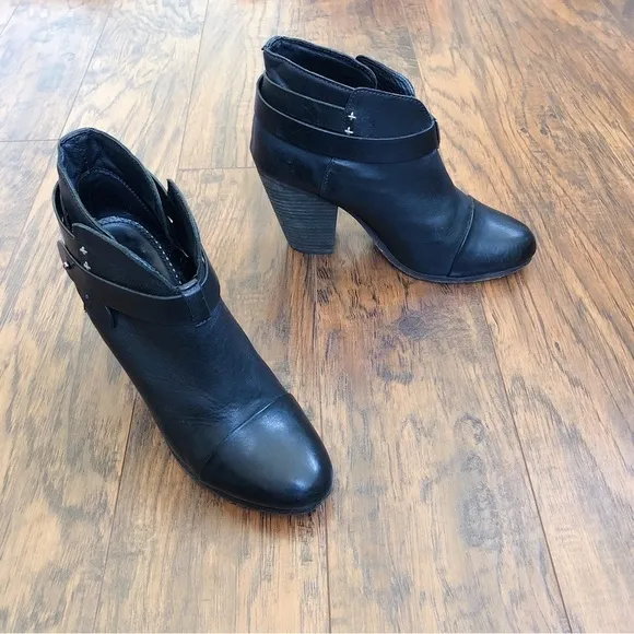 Rag &amp; Bone • Harrow black leather ankle boots heeled bootie moto celeb strappy