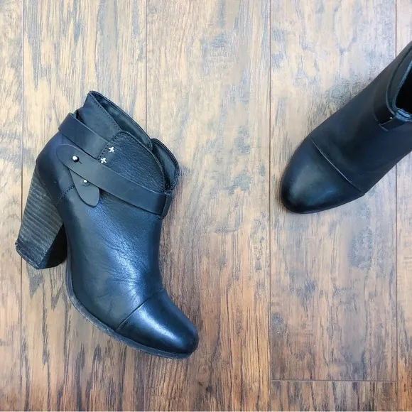 Rag &amp; Bone • Harrow black leather ankle boots heeled bootie moto celeb strappy