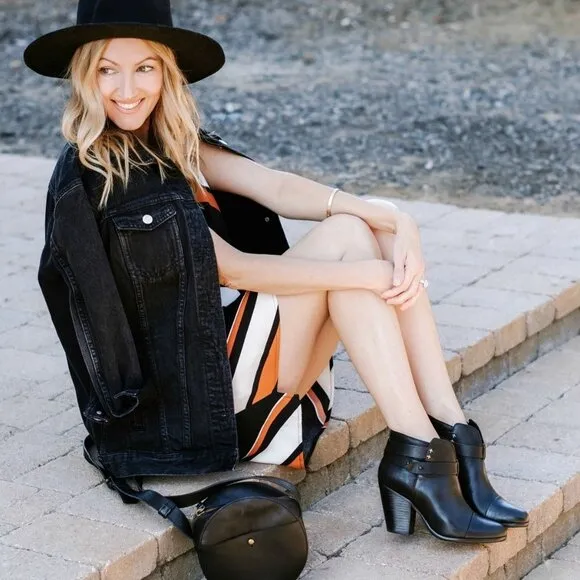 Rag &amp; Bone • Harrow black leather ankle boots heeled bootie moto celeb strappy