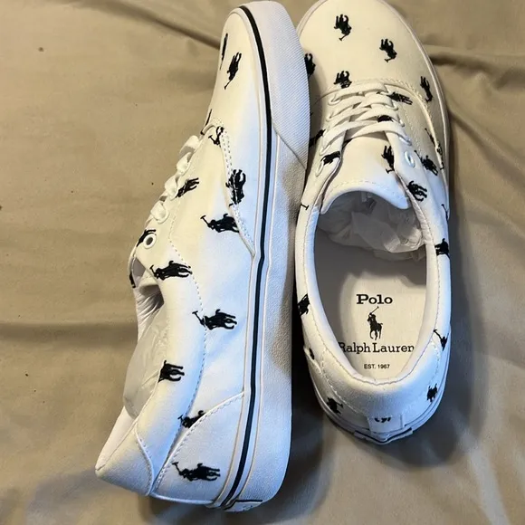 Ralph Lauren Men's White Sneakers with Black Accents new
