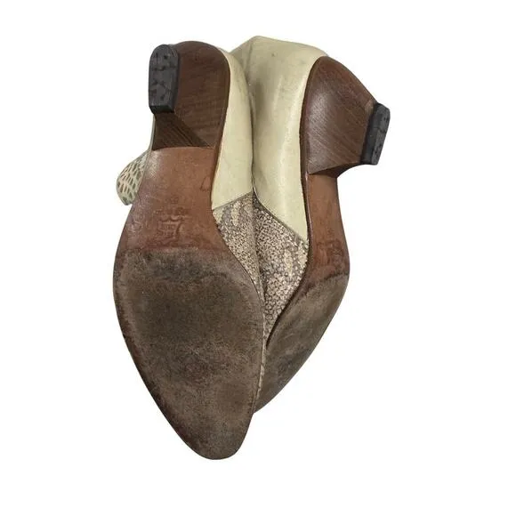RARE VTG Kenneth Cole Leather Open Work Ivory  Snakeskin Vamp Wood Heel Boot 8.5