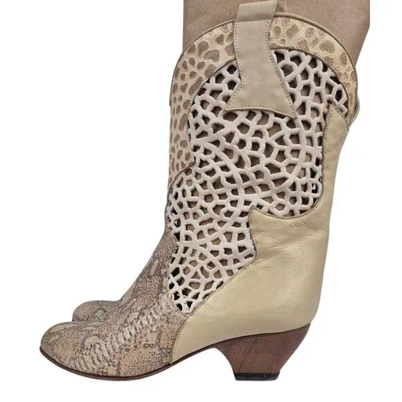 RARE VTG Kenneth Cole Leather Open Work Ivory  Snakeskin Vamp Wood Heel Boot 8.5