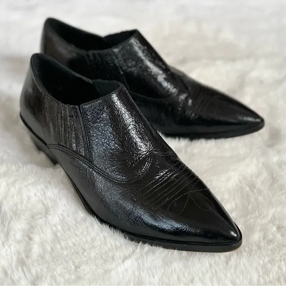 REBECCA MINKOFF 10 Koso Black Western Patent Leather Ankle Booties Boots