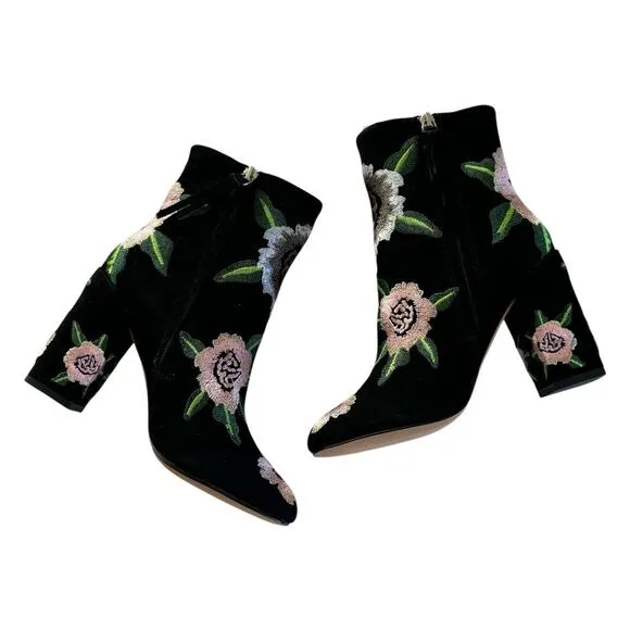 Rebecca Minkoff Bryce Floral Embroidery Black Ankle Booties Women’s Size 6 NWT