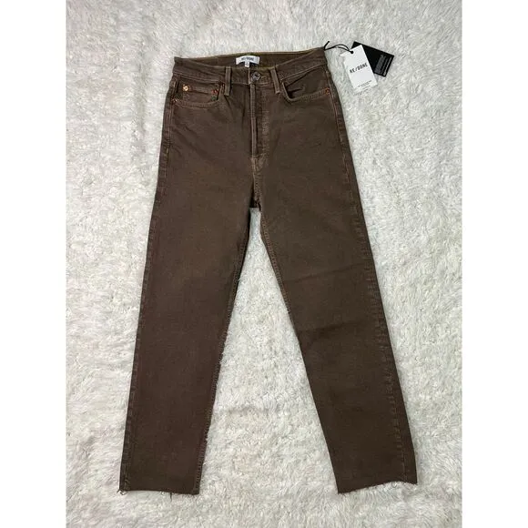 RE/DONE 70's High Rise Straight Leg‎ Brown Jeans Raw Hem Denim Size 26 NWT