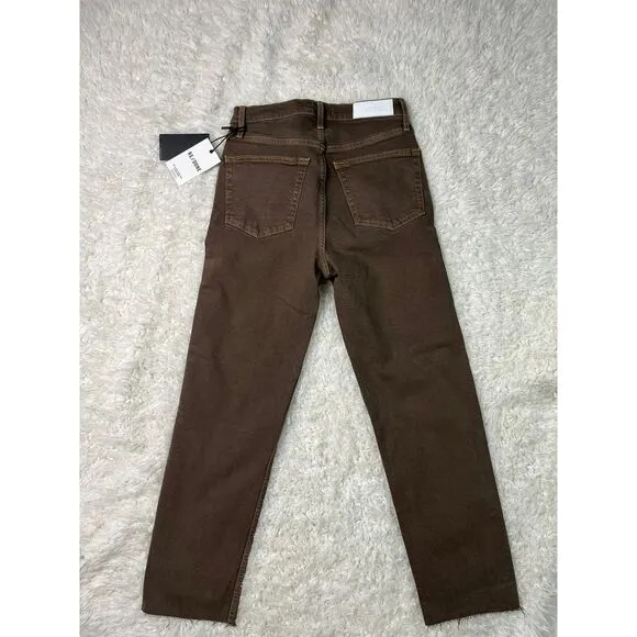 RE/DONE 70's High Rise Straight Leg‎ Brown Jeans Raw Hem Denim Size 26 NWT