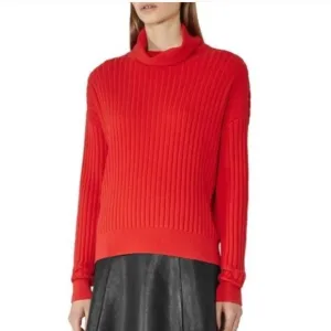 Reiss - Clarisse Red Ribbed Turtleneck Wool Blend Pullover Sweater