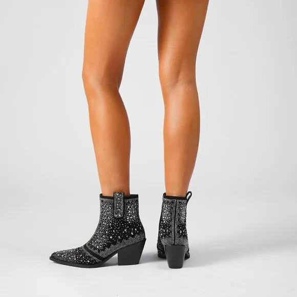 Rhinestone Cowboy Boots Black Faux Leather with Zip Chunky Heel