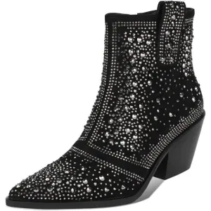 Rhinestone Cowboy Boots Black Faux Leather with Zip Chunky Heel