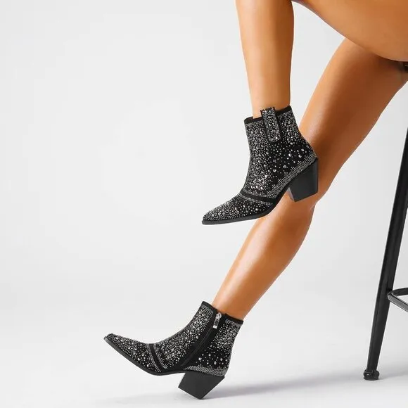 Rhinestone Cowboy Boots Black Faux Leather with Zip Chunky Heel