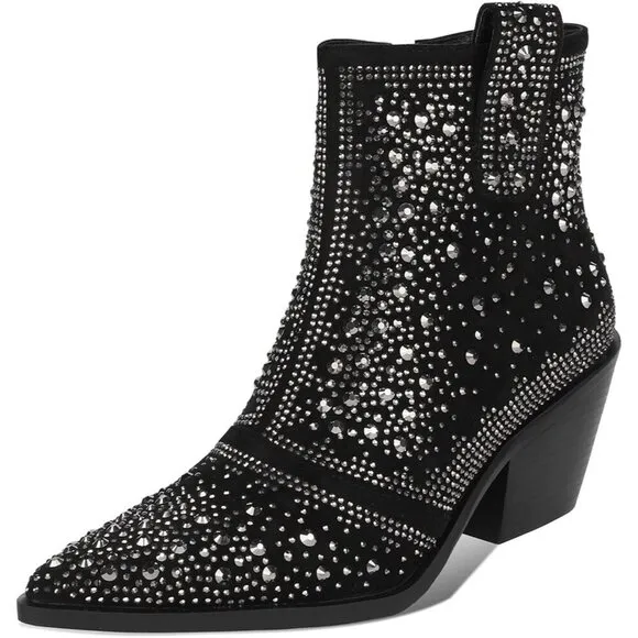 Rhinestone Cowboy Boots Black Faux Leather with Zip Chunky Heel