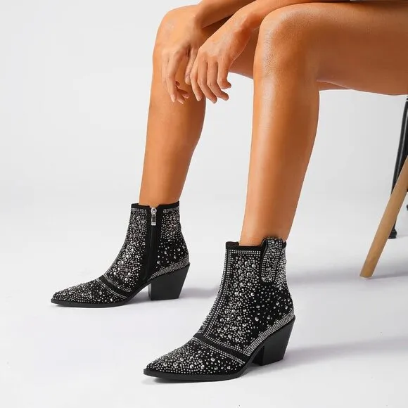 Rhinestone Cowboy Boots Black Faux Leather with Zip Chunky Heel