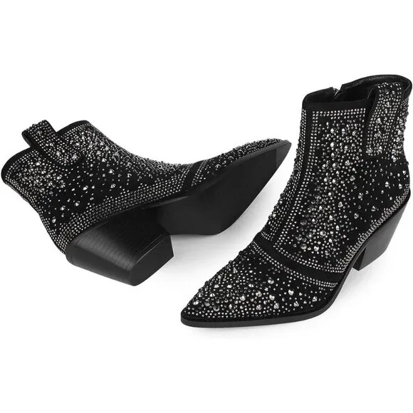 Rhinestone Cowboy Boots Black Faux Leather with Zip Chunky Heel