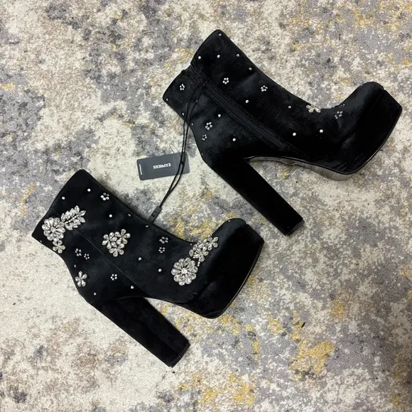 Rhinestone Embellished Platform Heeled Ankle Boots