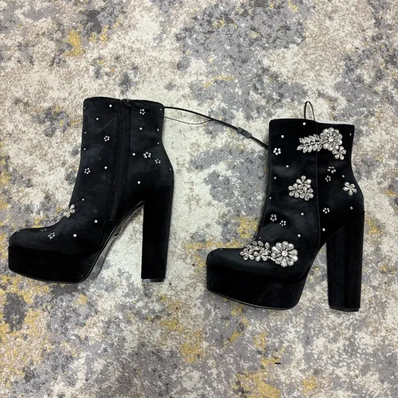 Rhinestone Embellished Platform Heeled Ankle Boots