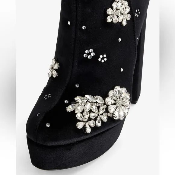 Rhinestone Embellished Platform Heeled Ankle Boots