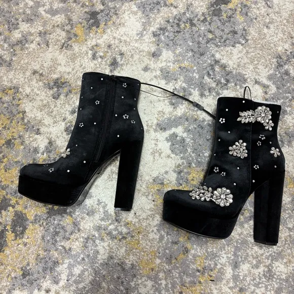 Rhinestone Embellished Platform Heeled Ankle Boots