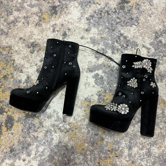 Rhinestone Embellished Platform Heeled Ankle Boots