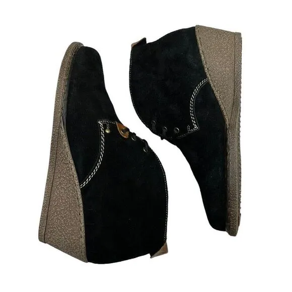 Rieker Black Suede Ankle Wedge Front Lace Up Booties Womens EU Size 40 US Size 8