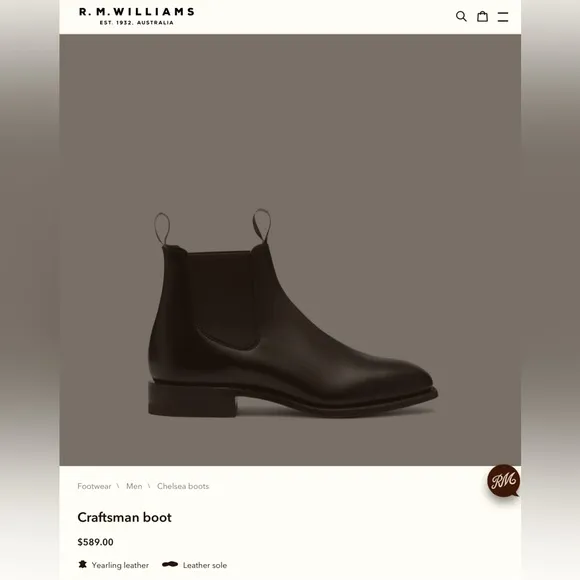 RM Williams Craftsman Men’s Black Yearling Chelsea Boots Size 12 E US (11 H UK)