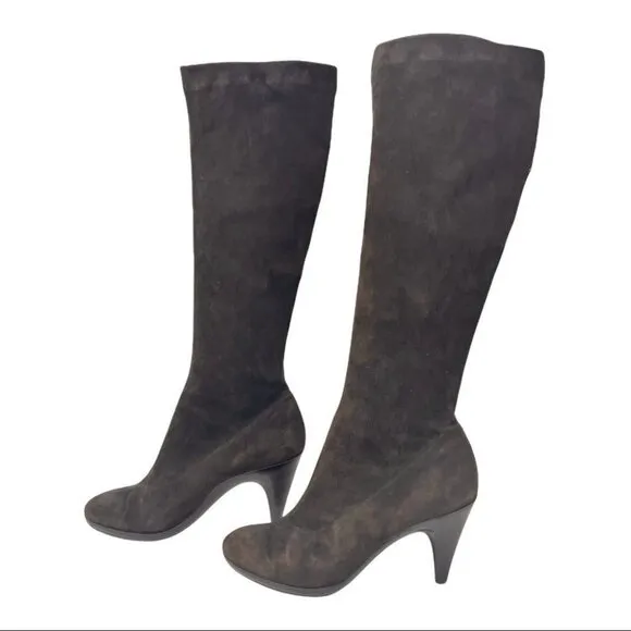 Robert Clergerie Tall Dark Brown Stretch Suede Heeled Sock Boots Size 8.5