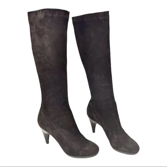 Robert Clergerie Tall Dark Brown Stretch Suede Heeled Sock Boots Size 8.5