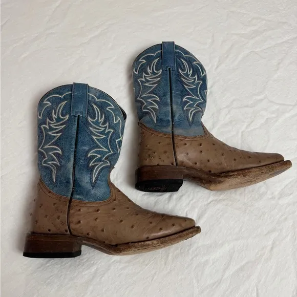 Roper Tan Boy's Buddy Embossed Ostrich Boots Size 4 Western Cowboy Casual