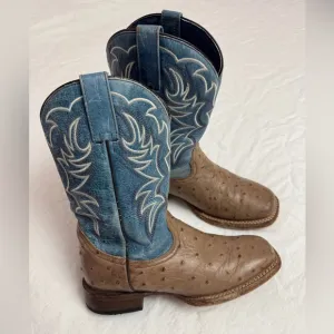 Roper Tan Boy's Buddy Embossed Ostrich Boots Size 4 Western Cowboy Casual
