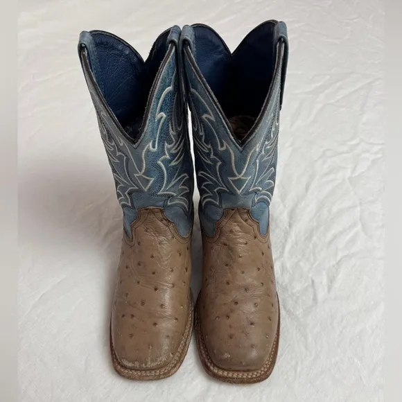 Roper Tan Boy's Buddy Embossed Ostrich Boots Size 4 Western Cowboy Casual
