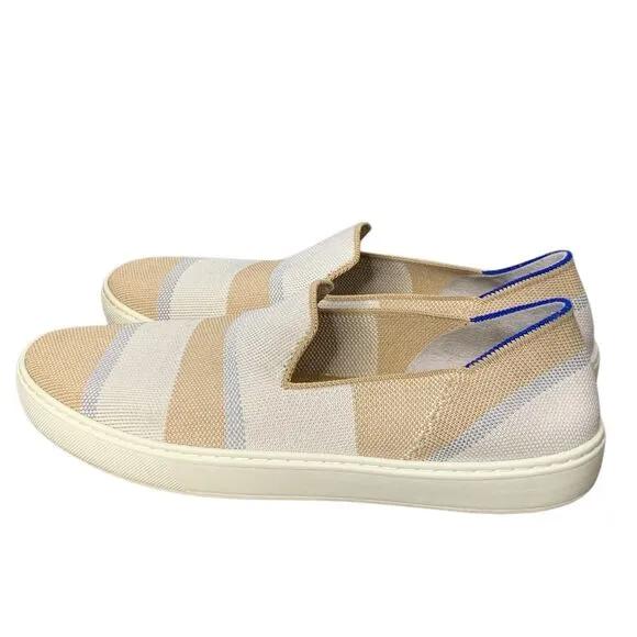 Rothy's Birch Stripe Slip On Sneaker in tan, blue silver‎ and white. Size 10