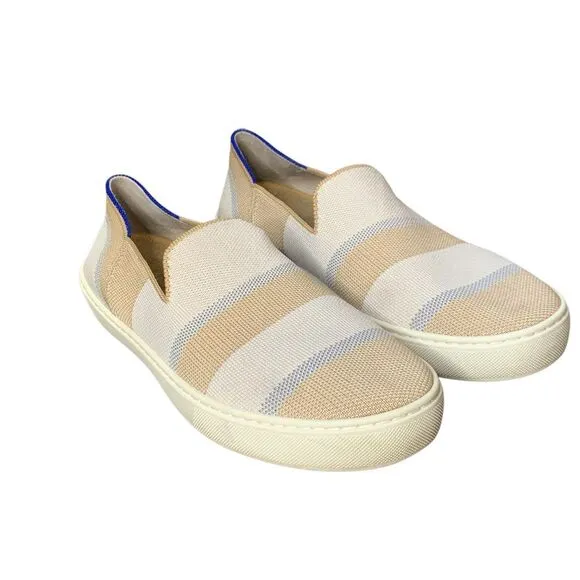 Rothy's Birch Stripe Slip On Sneaker in tan, blue silver‎ and white. Size 10
