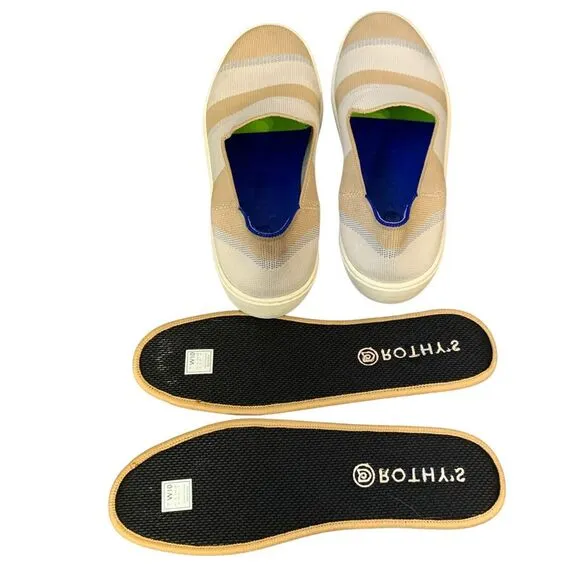 Rothy's Birch Stripe Slip On Sneaker in tan, blue silver‎ and white. Size 10