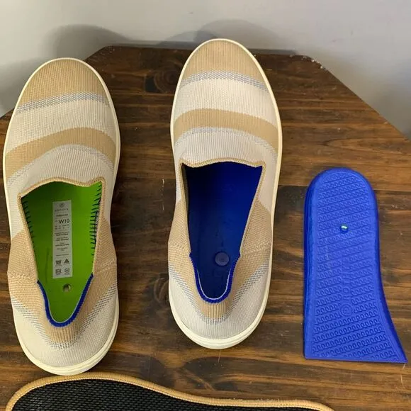 Rothy's Birch Stripe Slip On Sneaker in tan, blue silver‎ and white. Size 10