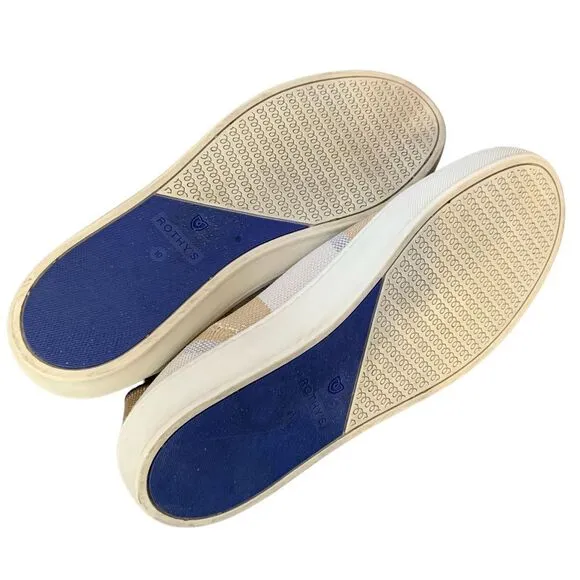 Rothy's Birch Stripe Slip On Sneaker in tan, blue silver‎ and white. Size 10