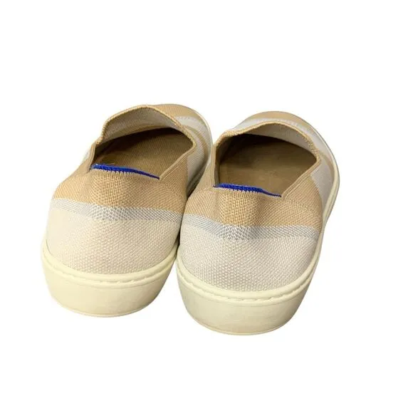 Rothy's Birch Stripe Slip On Sneaker in tan, blue silver‎ and white. Size 10