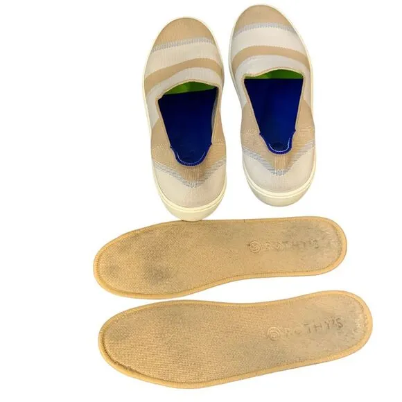 Rothy's Birch Stripe Slip On Sneaker in tan, blue silver‎ and white. Size 10