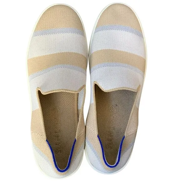 Rothy's Birch Stripe Slip On Sneaker in tan, blue silver‎ and white. Size 10