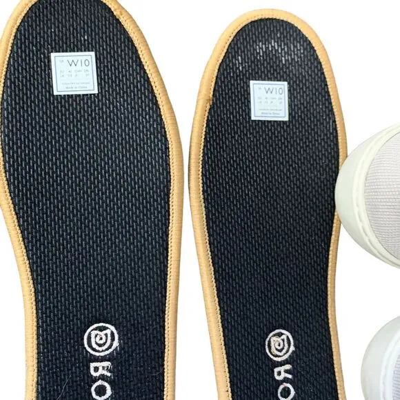 Rothy's Birch Stripe Slip On Sneaker in tan, blue silver‎ and white. Size 10