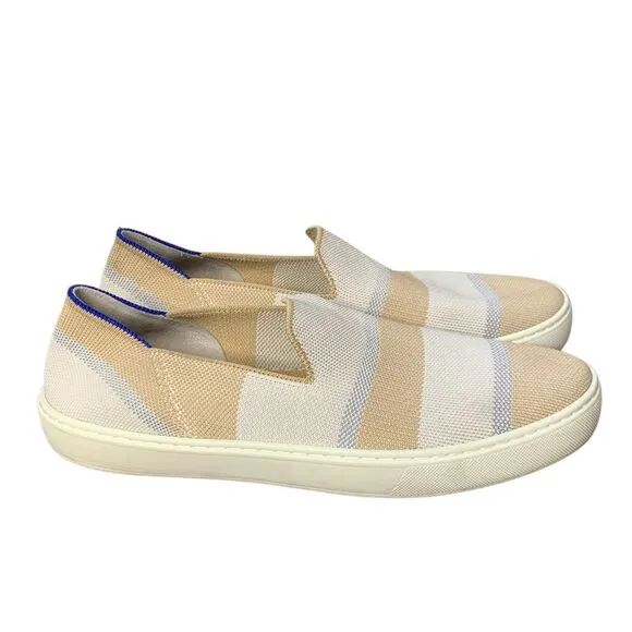 Rothy's Birch Stripe Slip On Sneaker in tan, blue silver‎ and white. Size 10