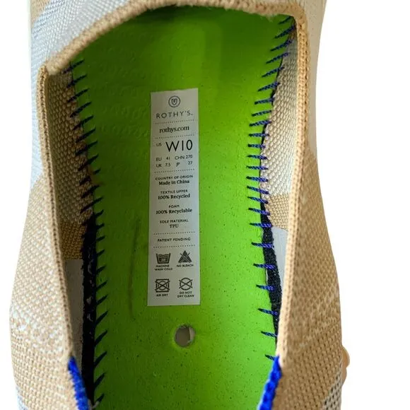Rothy's Birch Stripe Slip On Sneaker in tan, blue silver‎ and white. Size 10